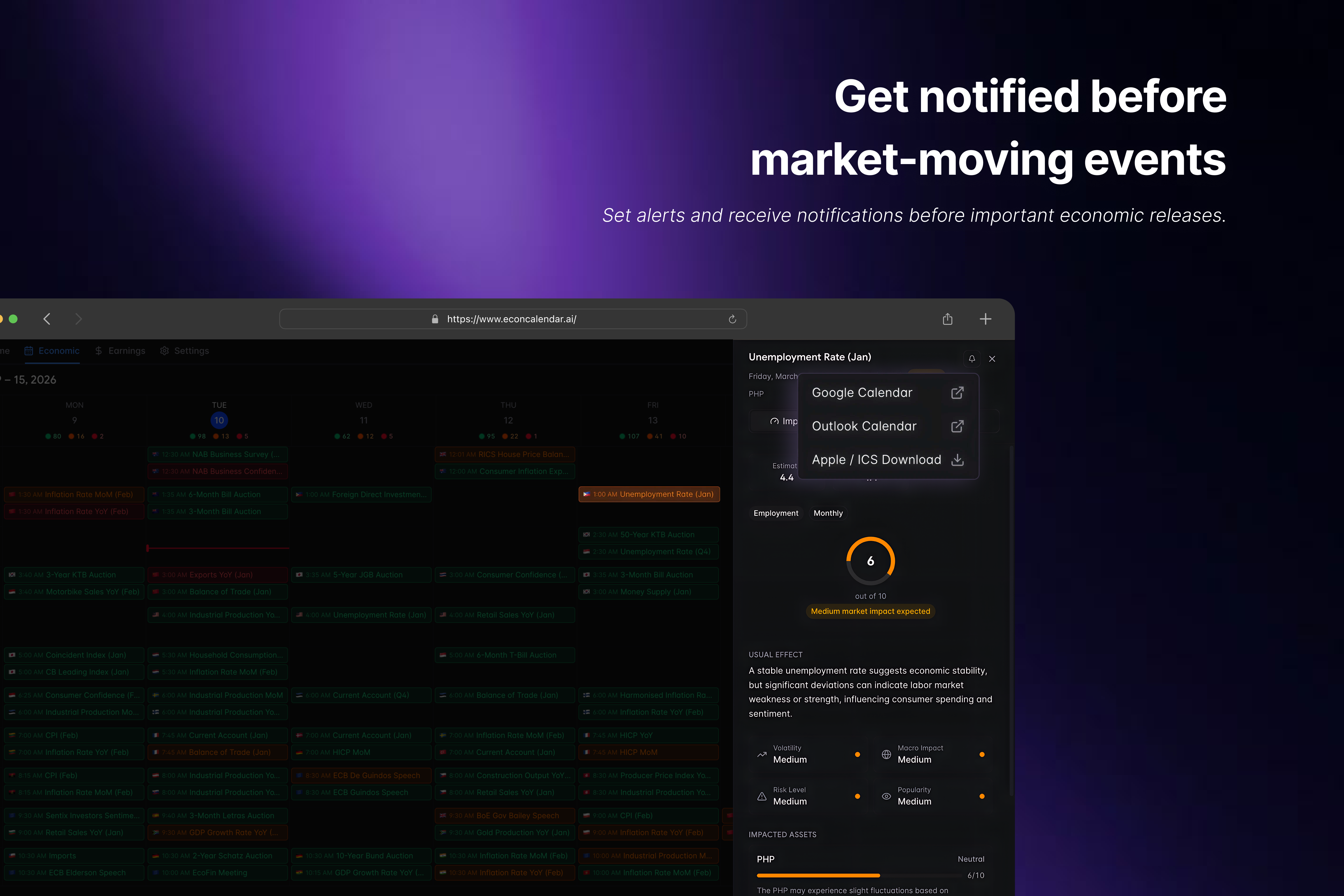 Event alert configuration with Google Calendar, Outlook, and push notification options