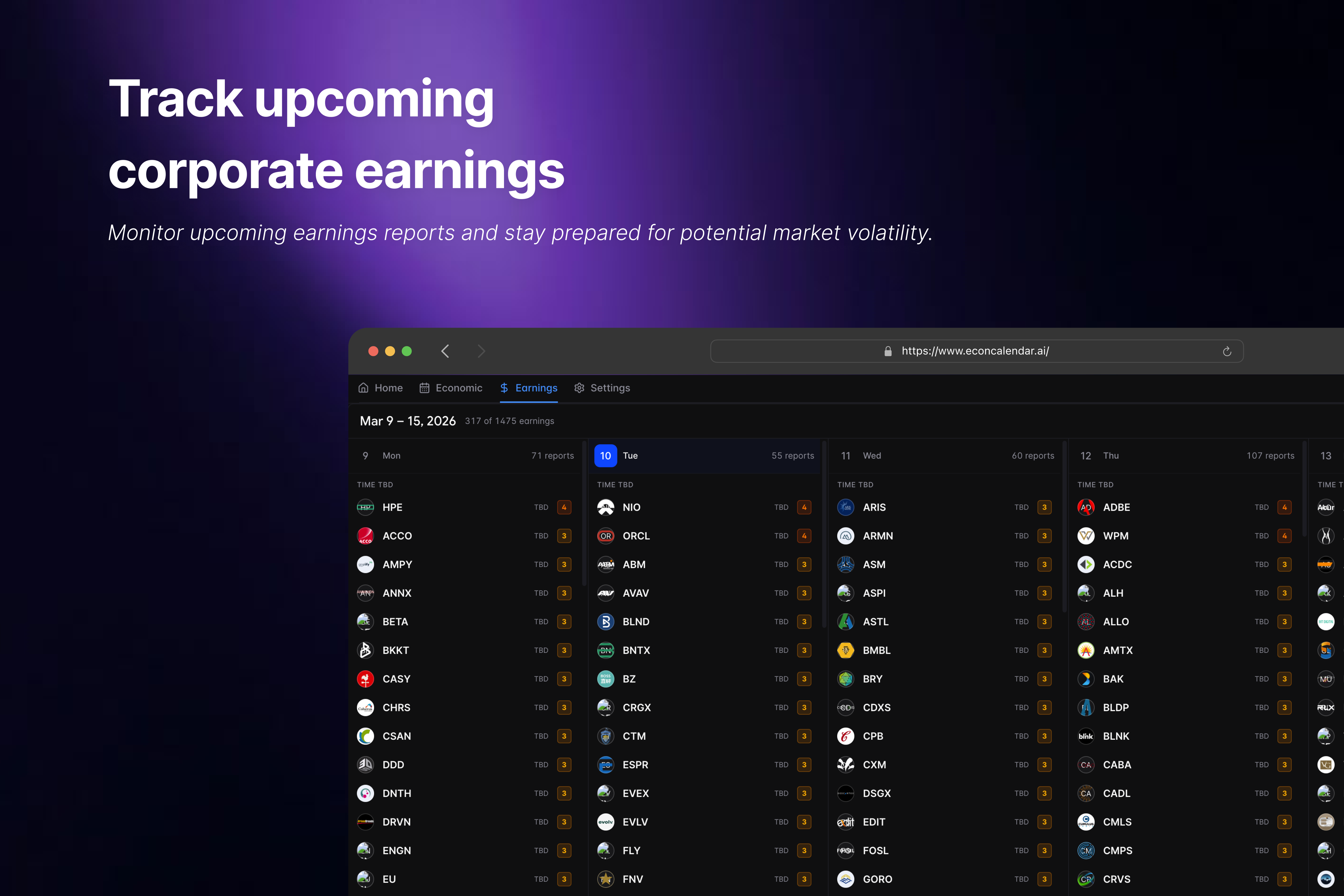 Earnings calendar showing upcoming corporate earnings reports by week